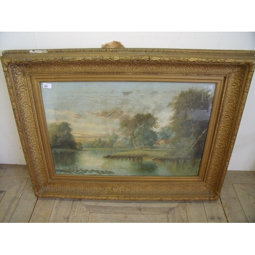 205 - Heavy gilt framed oil on canvas of river scene signed A.E. Stapleton (A/F) (75cm x 100cm including f... 
