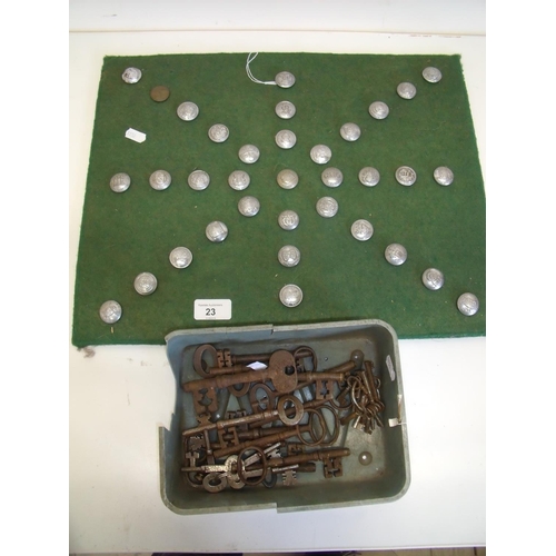 23 - Board of various Fire brigade and other buttons and a box continuing  a selection of various antique... 