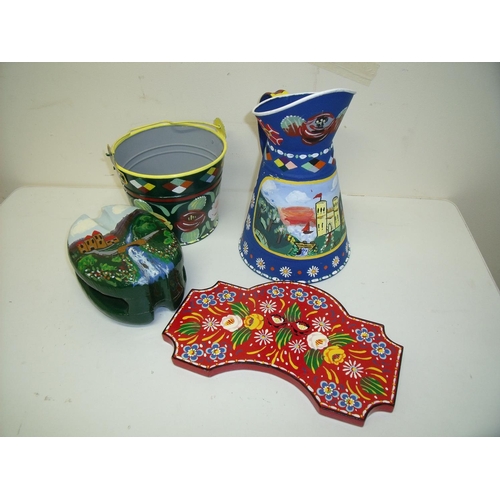 3 - Selection of painted Bargeware items including jug, bucket, wooden pulley block and a wooden panel (... 