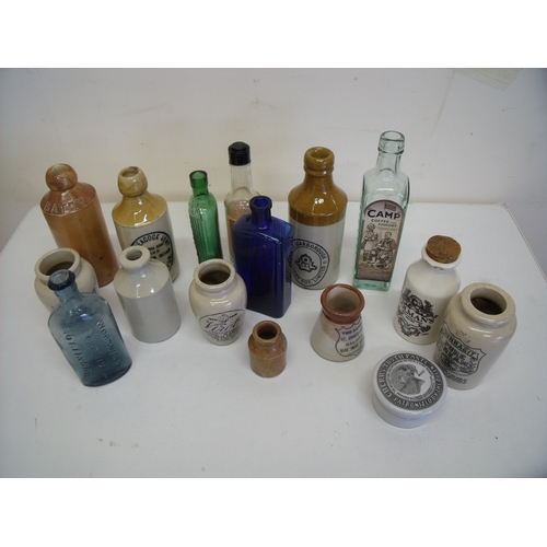 81 - Selection of various glass and stoneware bottles including blue poison bottle, Scarborough Brewery L... 