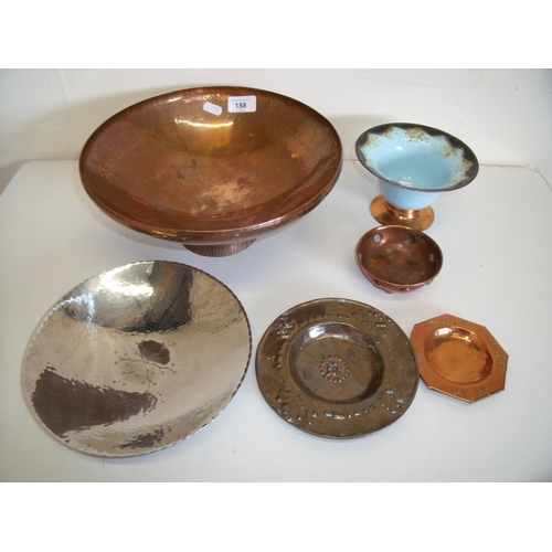 59 - Arts and crafts style hammered pewter bowl similar plated salver dishes etc and a Studio enamel ware... 