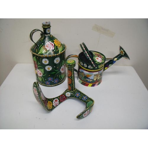 60 - Selection of Bargeware painted metalwork including watering can, shoe last and oil can (3)