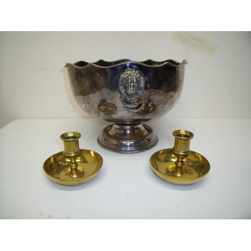 47 - Large silver plated punch bowl (diameter 26cm) and two brass candle sticks (3)
