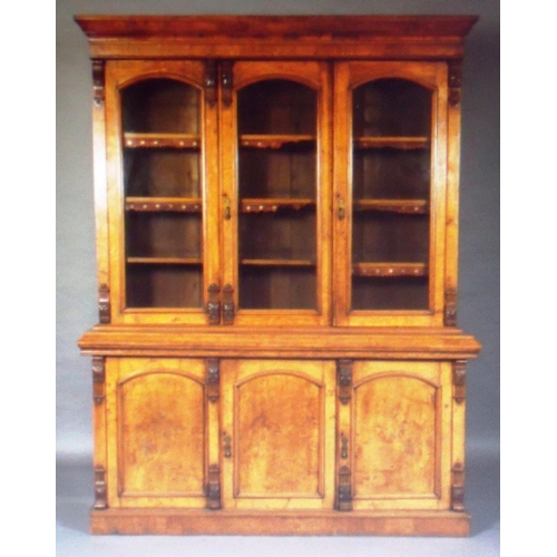 133 - Victorian Pollard oak sectional bookcase with stepped cornice above three glazed cupboard doors with... 