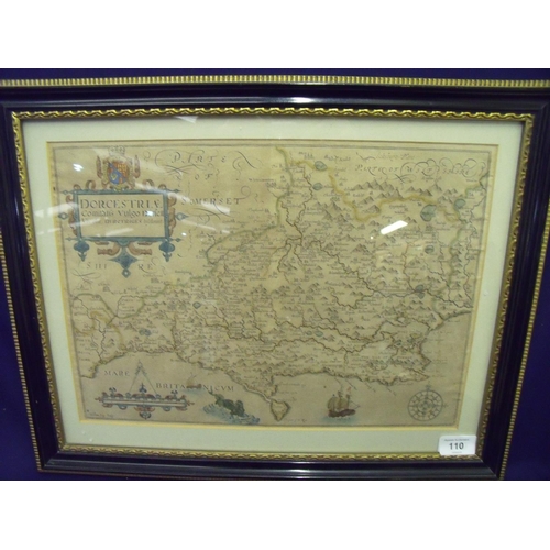 110 - Framed and mounted map of Dorset by Kip & Hole circa 1637 with coloured detail, the lower left marke... 