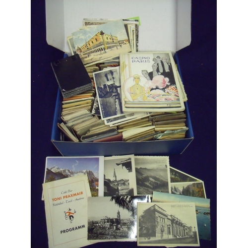 121 - Boxed containing a large quantity of various assorted postcards, photographic souvenir pictures from... 