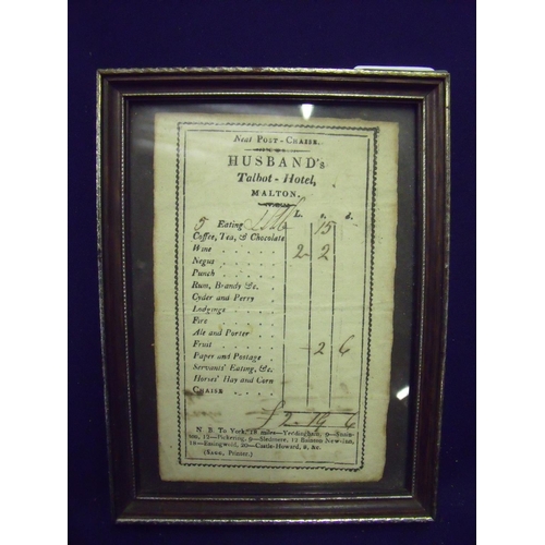 95 - 19th C framed receipt for the Talbot-Hotel Malton for the purchase of food, wine and fruit