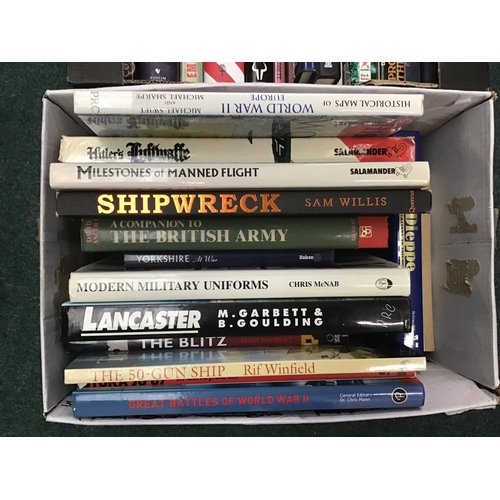 60 - Large selection of various quality hard back military and WWII related books in two boxes