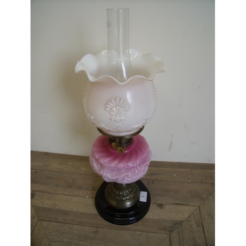 1 - Victorian oil lamp with opaque glass shade and coloured glass reservoir on turned base (58cm high)
