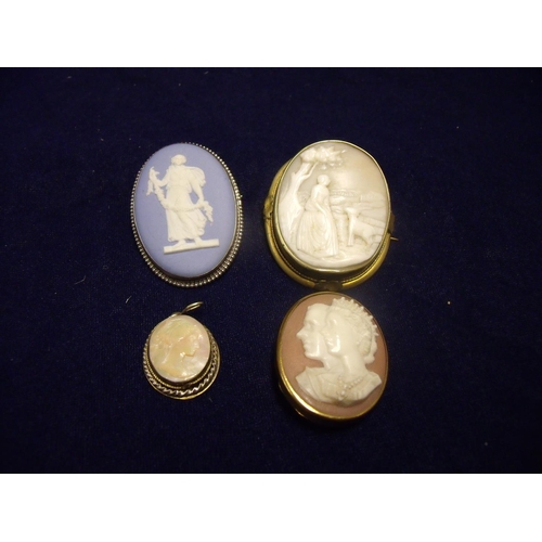 102 - Group of Cameo brooches including Victorian yellow metal mounted cameo brooch of a lady and dog in c... 