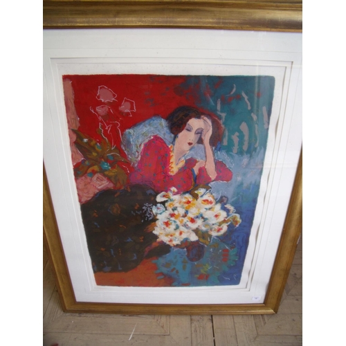 12 - Framed and mounted coloured lithograph depicting lady and flowers (131cm x 106cm)