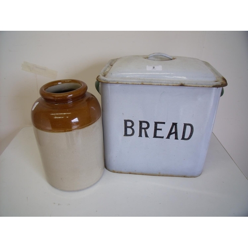 2 - Enamel bread bin and a Earthenware jar (2)