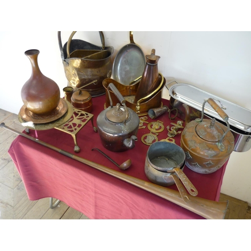28 - Large selection of metal ware in one box including brass and copper ware, fish kettle, copper kettle... 