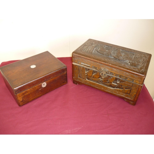 29 - 19th C rosewood jewellery box with hinged top & lift out interior and a carved Eastern style rectang... 