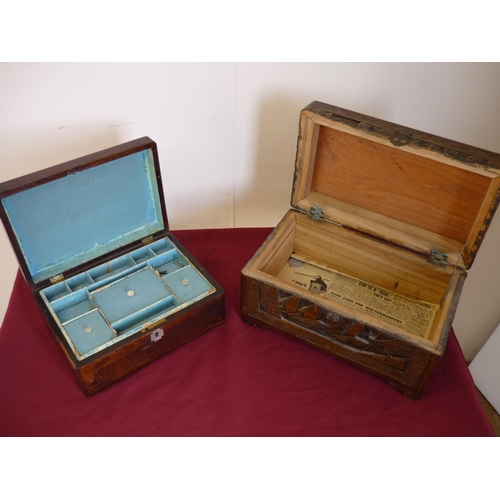 29 - 19th C rosewood jewellery box with hinged top & lift out interior and a carved Eastern style rectang... 