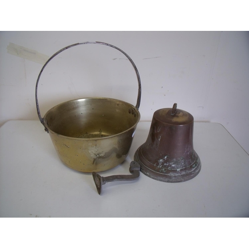 3 - Brass jam pan and a brass hanging bell (2)