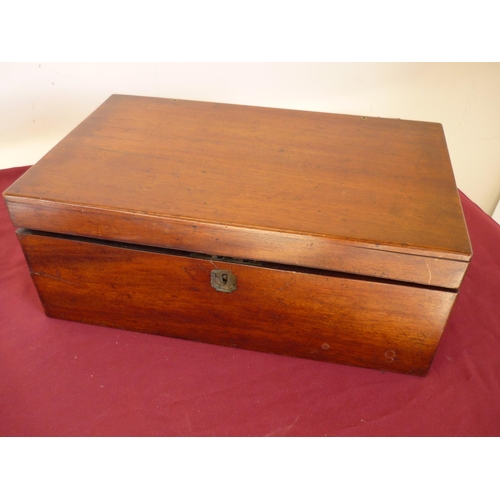 34 - 19th C mahogany travelling writing box with hinged lid revealing sloped front and fitted interior, w... 