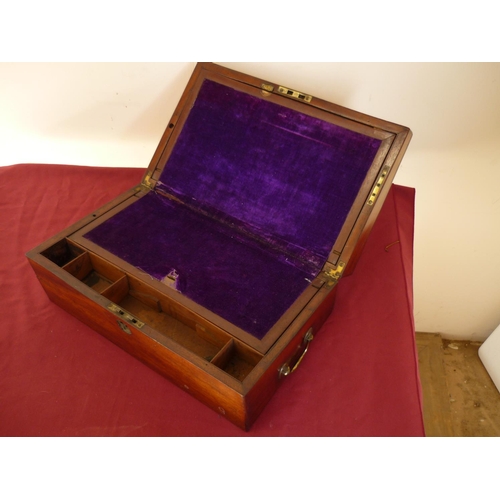 34 - 19th C mahogany travelling writing box with hinged lid revealing sloped front and fitted interior, w... 