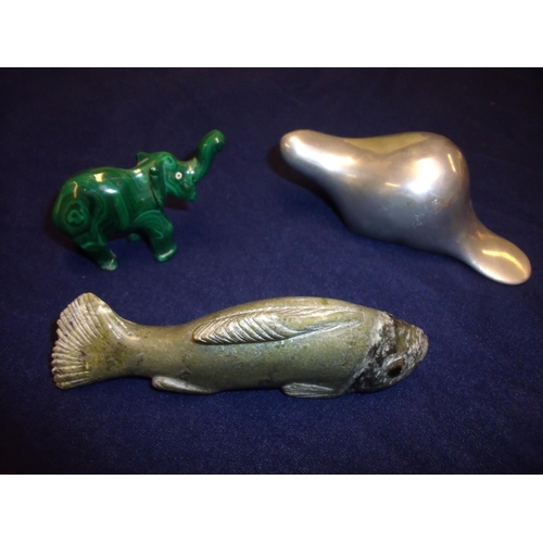 46 - Small carved malachite elephant, a Studio ware signed stainless steel figure of a beaver and a carve... 