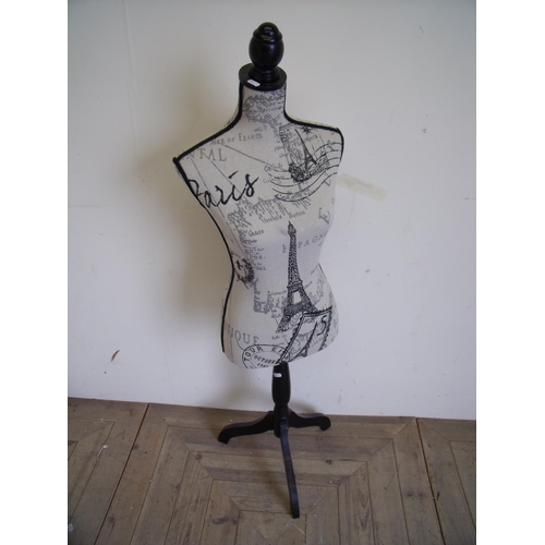 6 - Modern tailors dummy female mannequin on ebonised frame, upholstered in French style fabric (height ... 