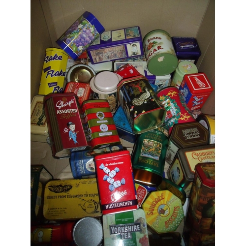 143 - Large selection of assorted vintage and modern tins in 1 box including various branded ware items in... 