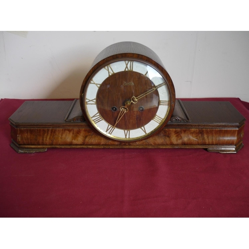 76 - Early - mid 20th C oak and walnut cased Sentra mantel clock with chiming movement