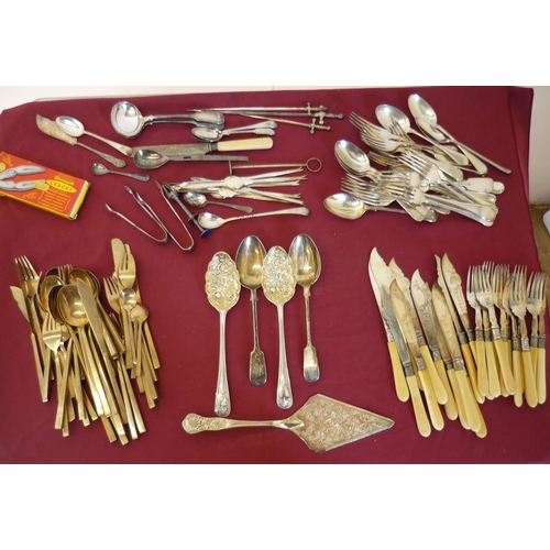 92 - Extremely large selection of various assorted silver plated cutlery including bone handled, bronzed ... 