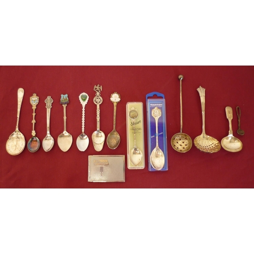93 - Selection of various souvenir spoons, plated ware, sugar sifters, 3 pence spoon etc