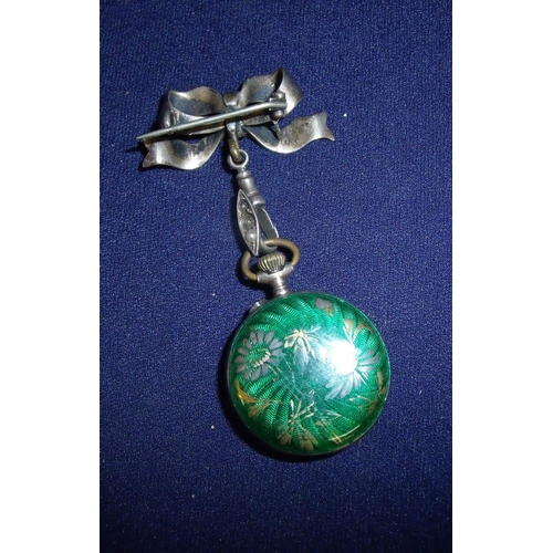 149 - Ladies silver and enamel fob watch with enamel and seed pearl bow hanging pendant with Swiss movemen... 