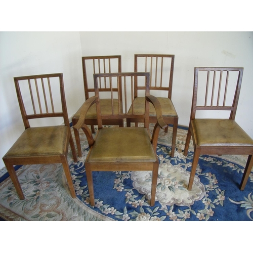 281 - Set of five (4+1) oak 'Acornman' dining chairs with drop in tan leather seats on square tapering sup... 