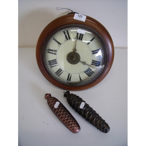 198 - Postman's style mahogany cased wall clock with painted wood dial with drop weights and pendulum