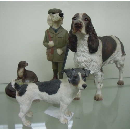 208 - Border Fine Arts style figure of a Jack Russell (A/F), another larger figure of a Spaniel and two Co... 