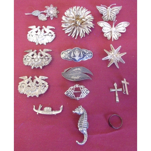 113 - Collection of various silver brooches of various designs including butterflies, seahorses etc