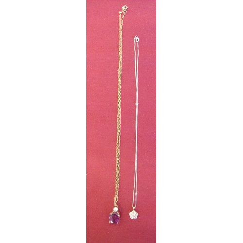 116 - 9ct gold necklace with amethyst & white stone pendant and a 9ct white gold necklace with diamond flo... 