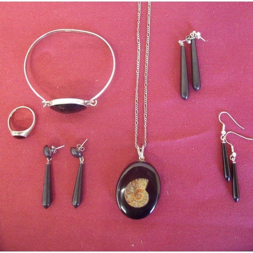 117 - Collection of Whitby Jet jewellery including earrings, silver mounted bracelet, signet style ring an... 