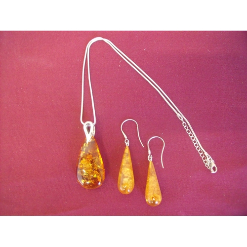 118 - Pair of silver & amber drop earrings with a silver necklace and pendant
