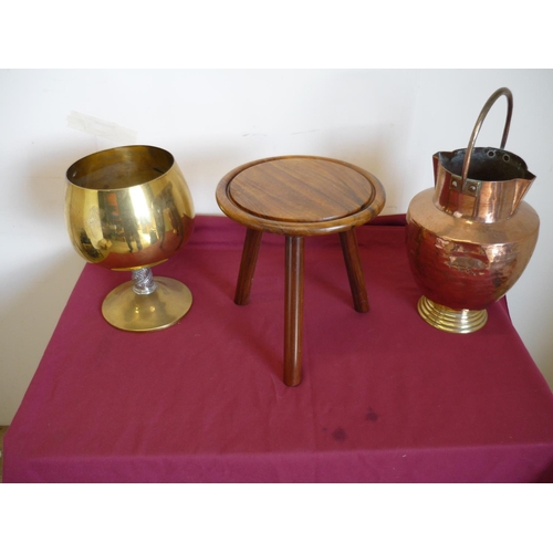 168 - Three legged stool, a large copper goblet and jug (3)