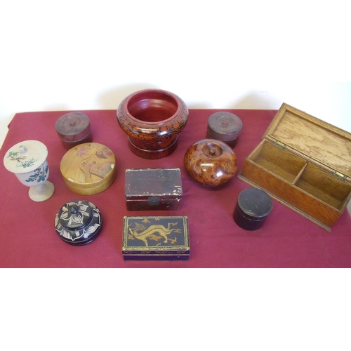 188 - Collection of turned wood and other boxes, table jars etc including lacquered ware oriental style ci... 