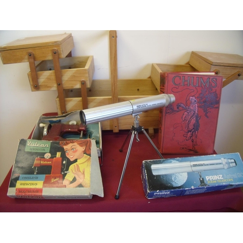 212 - Lightwood concertina sewing box, a cased zoom telescope Prinz Astral 90, Chums 1939 book and a boxed... 