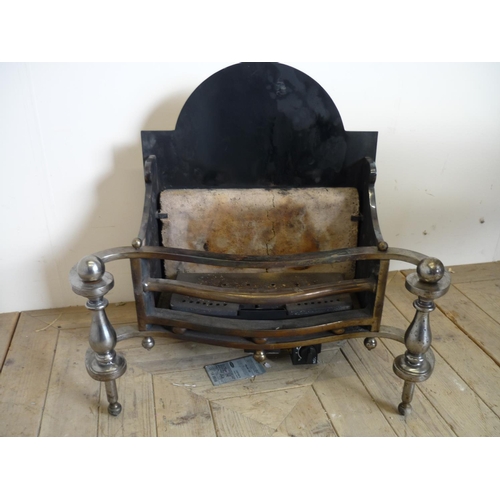 87 - Early 19th C style cast metal and polished steel fire grate with scroll work dogs and gas burner fit... 