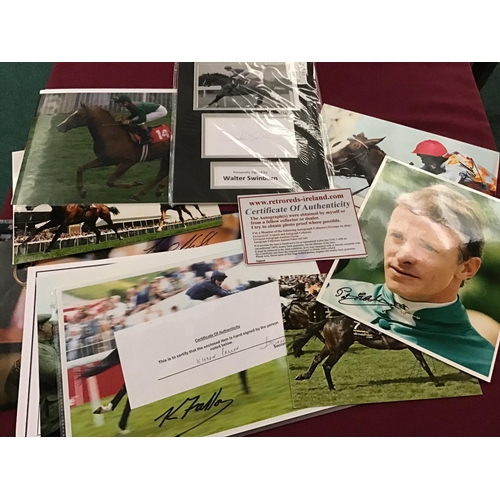 671 - Selection of various coloured photos signed by jockeys including Walter Swinburn, Pat Eddery, Kieron... 