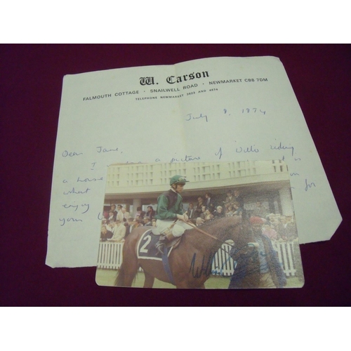 787 - Signed photo of Willie Carson along with a letter on W Carson headed paper from 1974