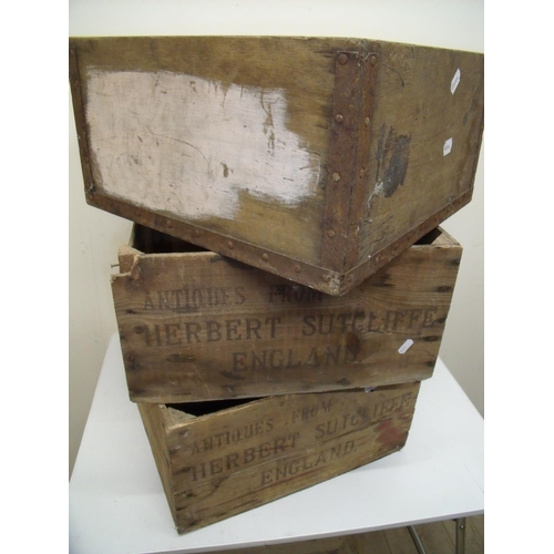 164 - Three vintage wooden packing boxes stamped 'Antiques from Herbert Sutcliffe England' (approx. 44cm x... 