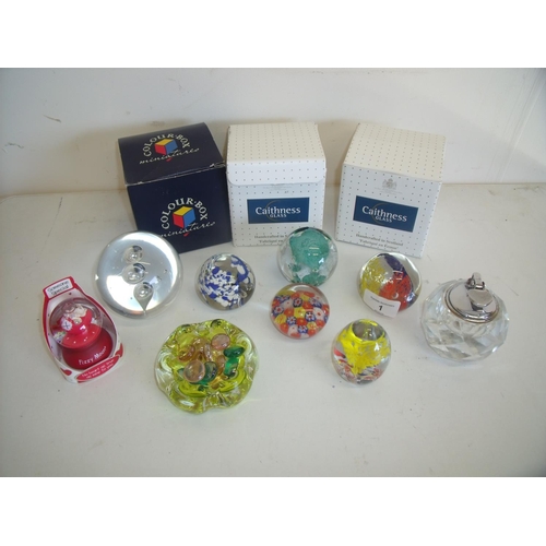 1 - Small selection of various glass paperweights including millefiori, a brass table lighter and other ... 