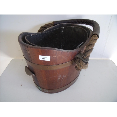 10 - Early 20th C coopered oak coal bucket with rope twist and leather binded swing handle