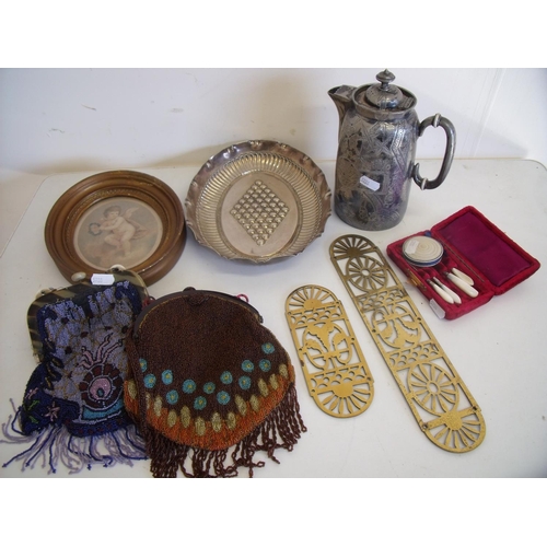 29 - Interesting collection of beadwork purses, oriental style silver plated hot water jug, Mother of Pea... 