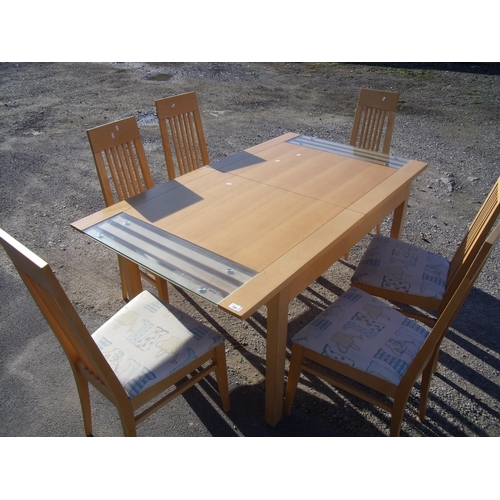 338 - Modern beech effect extending dining table with glass panels to each end & square supports and a set... 