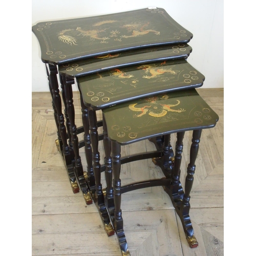 423 - Unusual early - mid 20th C nest of four graduating oriental lacquered occasional tables with shaped ... 