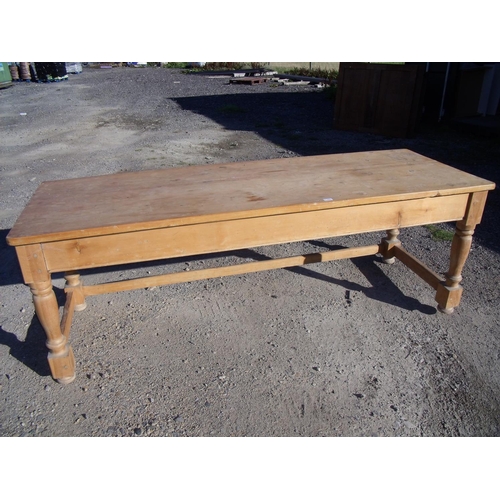 443 - Late Victorian rectangular farmhouse style pine kitchen table on turned supports (75cm x 213cm x 75c... 