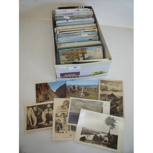 46 - Box containing a selection of various assorted world postcards including black & white, coloured etc